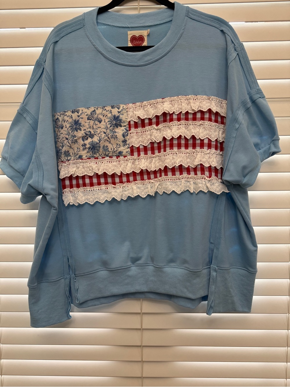 Light Blue Patchwork Lace-Trim Short Sleeve Tee